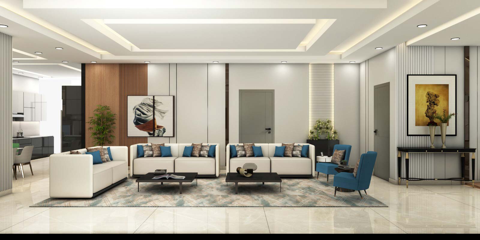 Modern living room interior designed by Designers Gang featuring a white couch, blue accent chairs, a round coffee table with a black metal base, a woven rug with geometric shapes, and a statement pendant lamp. Large windows provide natural light.